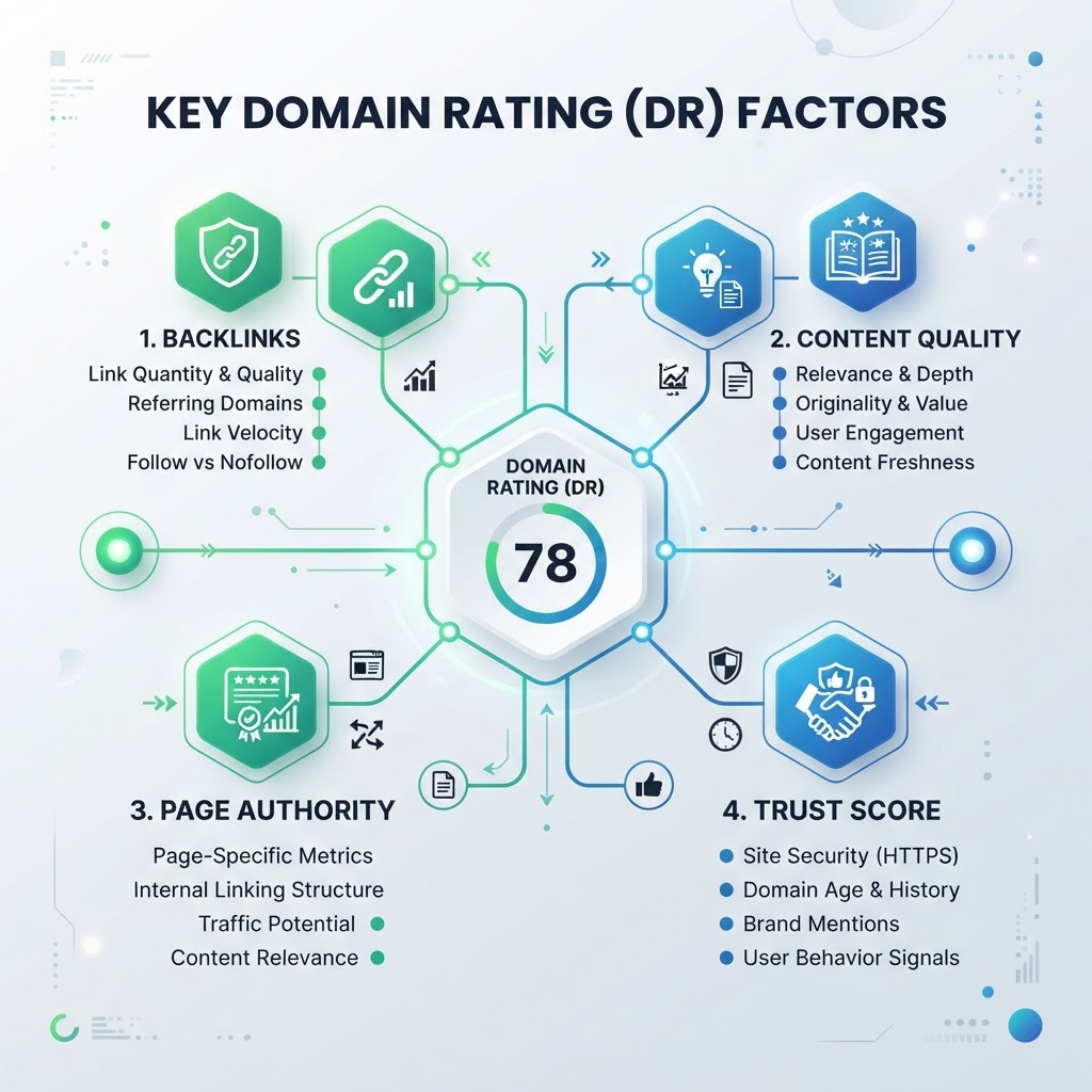 Infographic showing key factors that influence domain rating