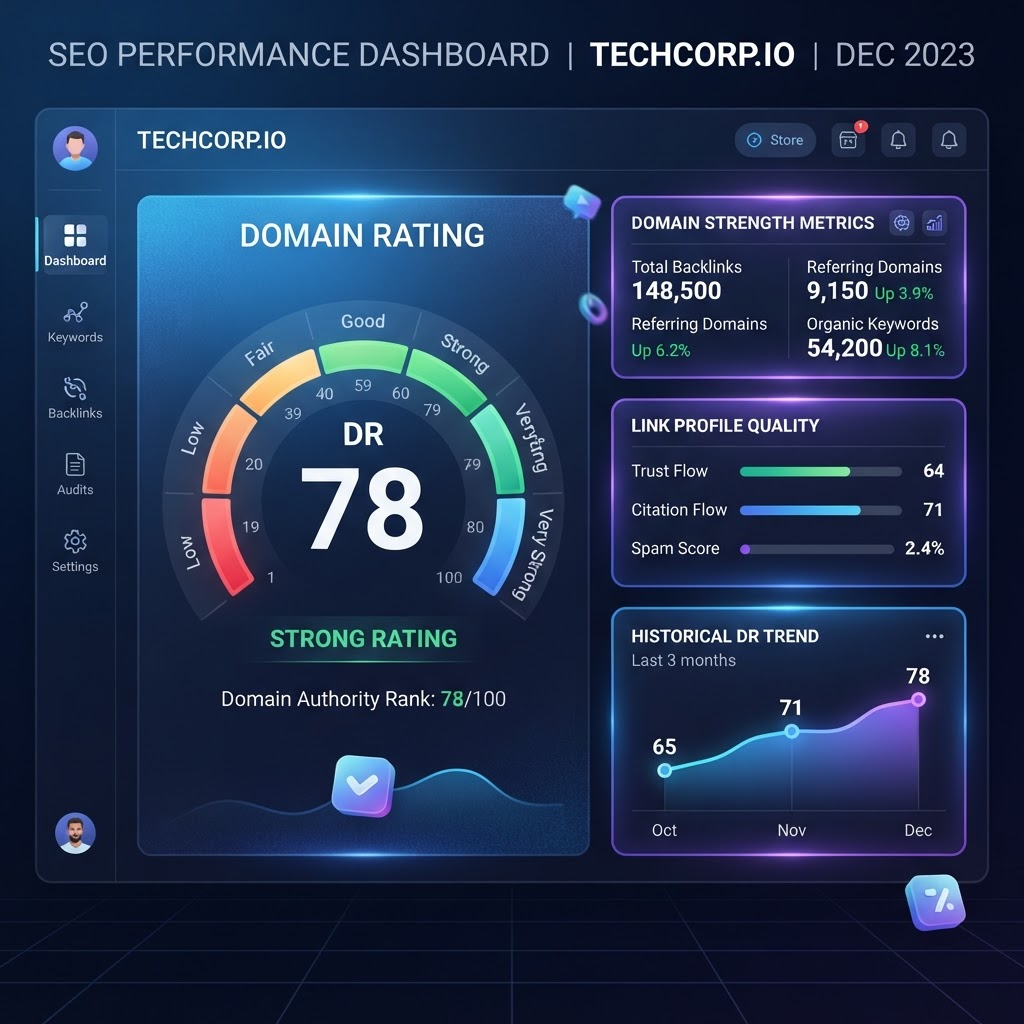 Domain Rating visualization showing SEO metrics and ranking scale